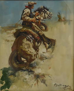 William Gollings; American Western Gouache Signed: Gouache on board. Ready for a Fight. Signed l.r., having artist's monogramed device and dated 1922; 11.25in. X 9.25in.(image size)