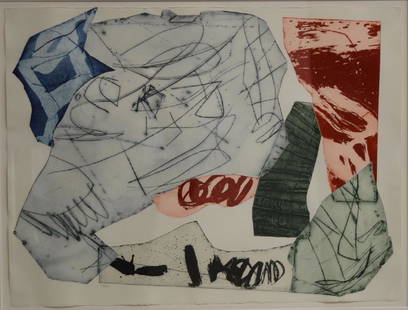 Jan Voss; 20thC. German Modernist Woodcut Signed: Woodcut in color. Abstract Composition. 1985. Pencil signed and numbered 20/50; 22.5in. X 30in.(image size)