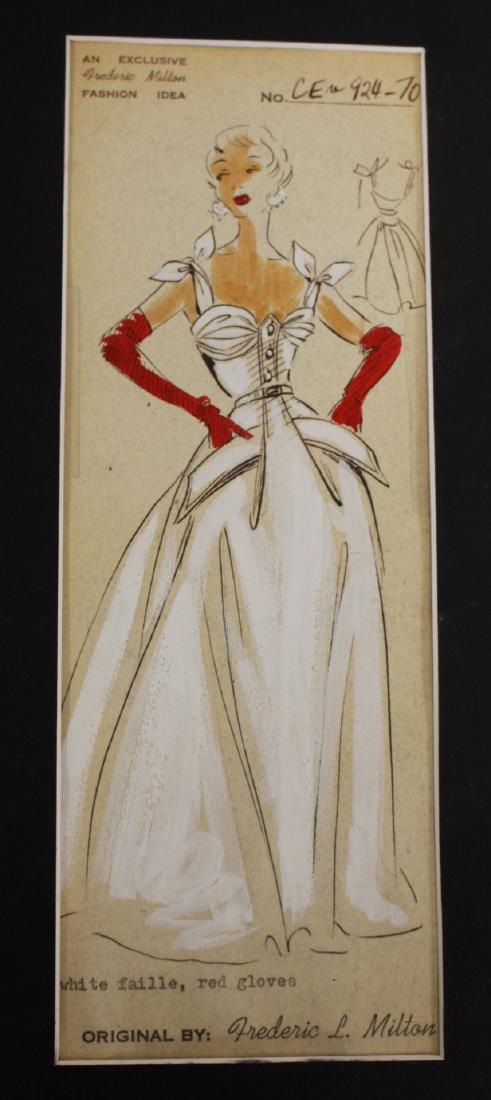 Frederic L. Milton; 20thC. Mixed Media Fashion Design: Mixed media on paper. Fashion design - white faille, red gloves; 10.5in. X 3.75in.(image size)