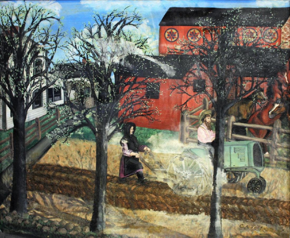 C.A. Kohl; Primitive Oil Painting Signed: Oil on canvas. Pennsylvania Amish Farm Life. Signed; 24in. X 29.25in.