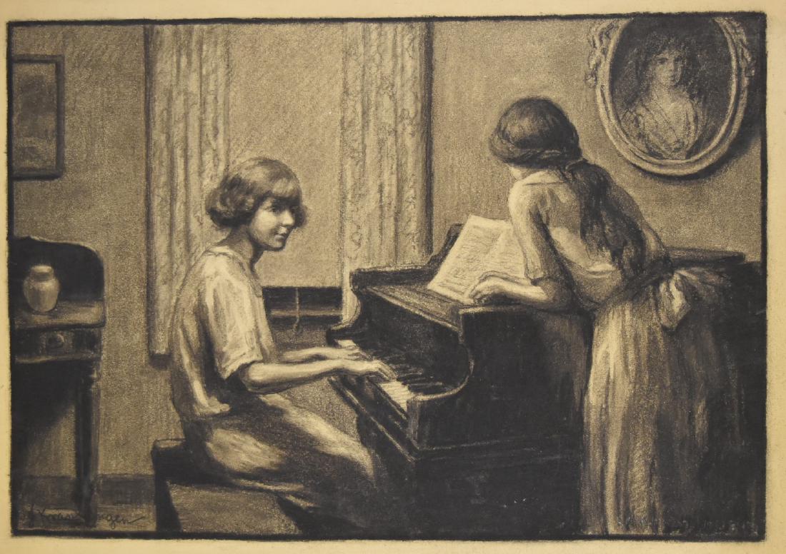 J.K. Van Ingen; American Illustration - Charcoal on: Watercolor and charcoal on board. The Piano Lesson. Signed l.l.; 11in. X 16in.(image size)