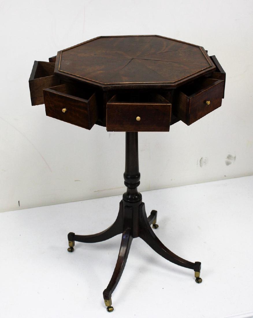 Hepplewhite Octagonal Eight(8) Drawer Mahogany Stand: Unusual tri corned drawer construction. Brass mounted wheels ; 28in.H. x 16.75in.D.