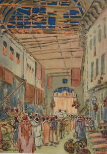 Henry Guignon; 20thC. Watercolor Signed: Watercolor on paper. A Bazaar - Damascus. Signed l.l. and inscribed after Jules Guerin; 10in. X 7.25in.(image size)