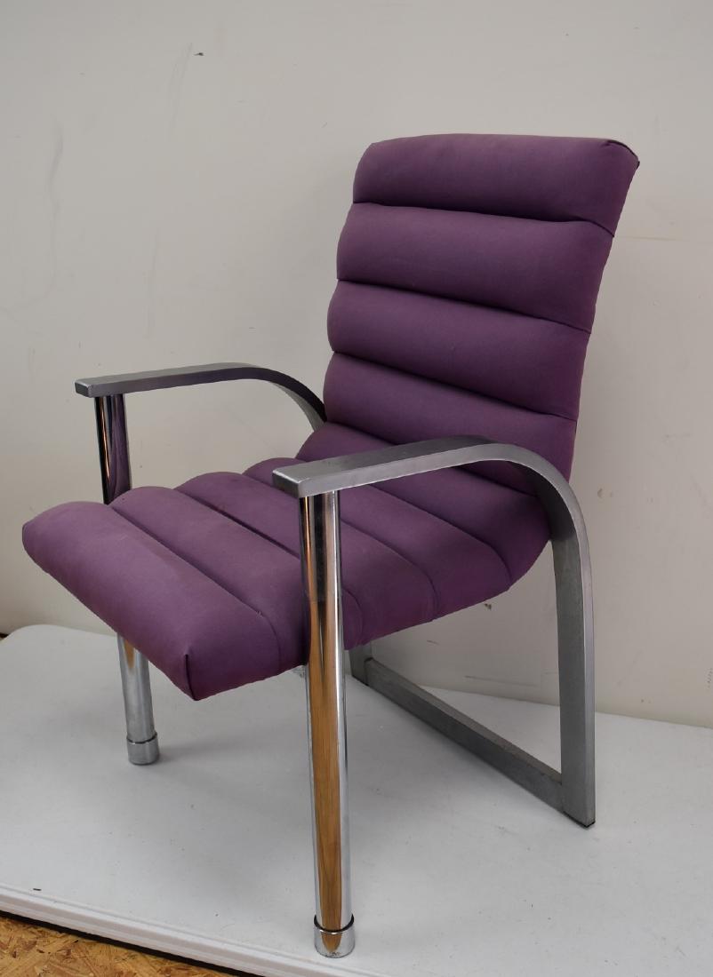 Retro Brushed Steel Upholstered Arm Chair: Brushd steel arm chair. Lavender bolstered upholstery; 38in.H. x 23.5in.W.