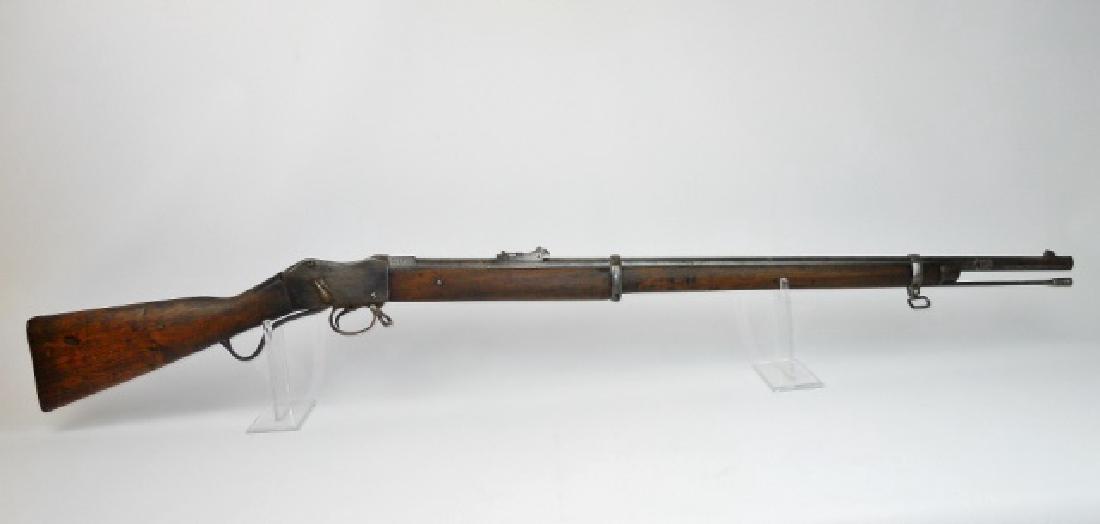 British Martini Henry Rifle, in .476 Shot: 19th C. Martini Henry single shot lever action smooth bore long gun, in .476 shot. Walnut stock with two bands, nose cap, ramrod and steel but plate. Receiver and barrel with inspection stamps and ".4