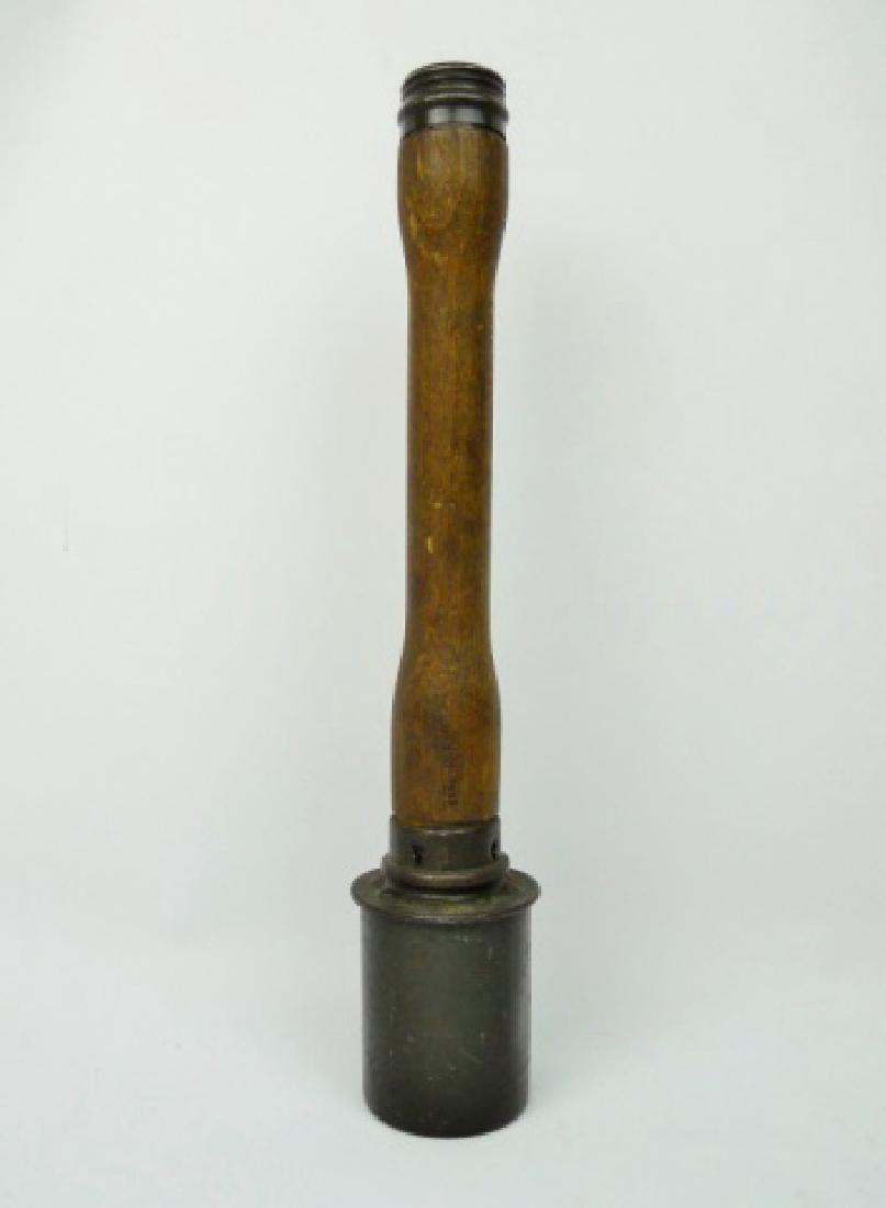 WW2 German M1924 Stick Grenade, 43 dbk, INERT: WW2 Original German M1924 stick grenade. Grenade with steel head in original paint stamped "43 dbk" with ink stamp "8/1943". Turned wooden shaft stamped, "gzo 1943". Threaded metal end cap with interi
