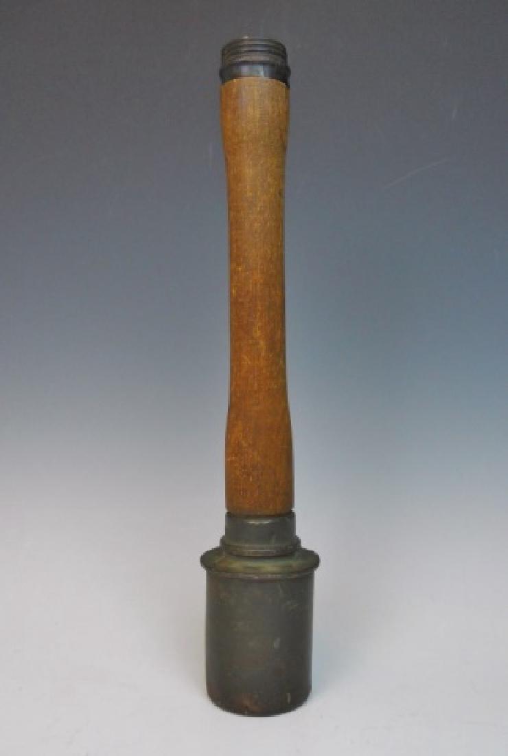 WW2 German M1924 Stick Grenade, 43 gck, INERT: WW2 Original German M1924 stick grenade. Grenade with steel head in original paint stamped "43 gck". Turned wooden shaft stamped, "WC 1943". Threaded metal end cap. Grenade with crease in side of expl