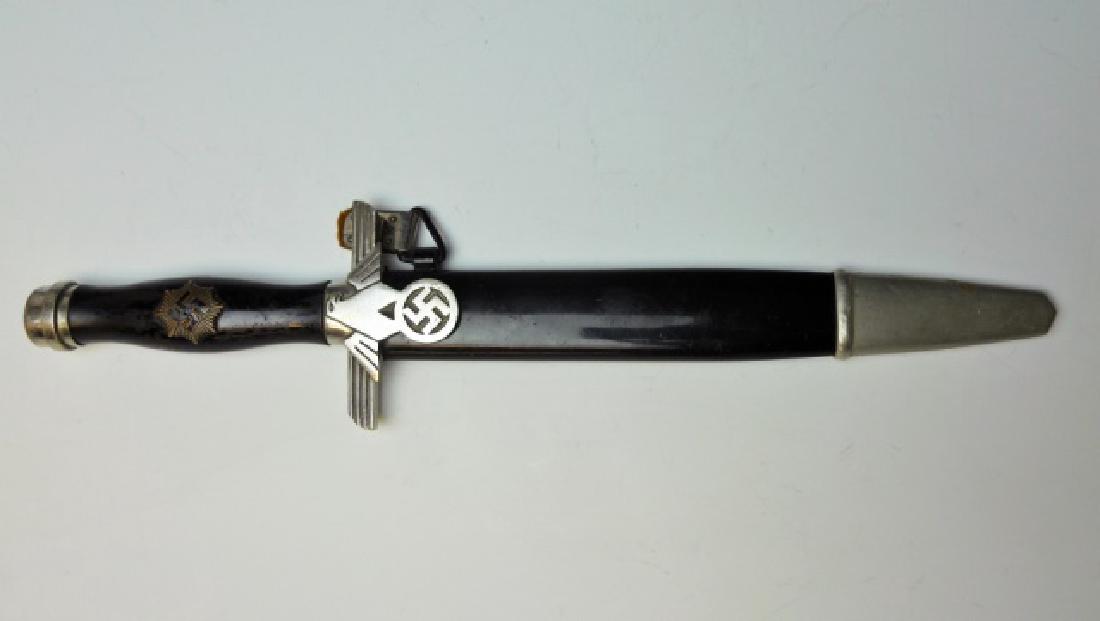 WW2 German RLB EM/NCO Dagger, Paul Weyersberg: Original WW2 German EM/NCO RLB dagger. Straight steel blade with etched maker mark, "PAUL WEYERSBERG SOLINGEN". Stylized cross guard with eagle and swastika with composite grip with inset copper swast
