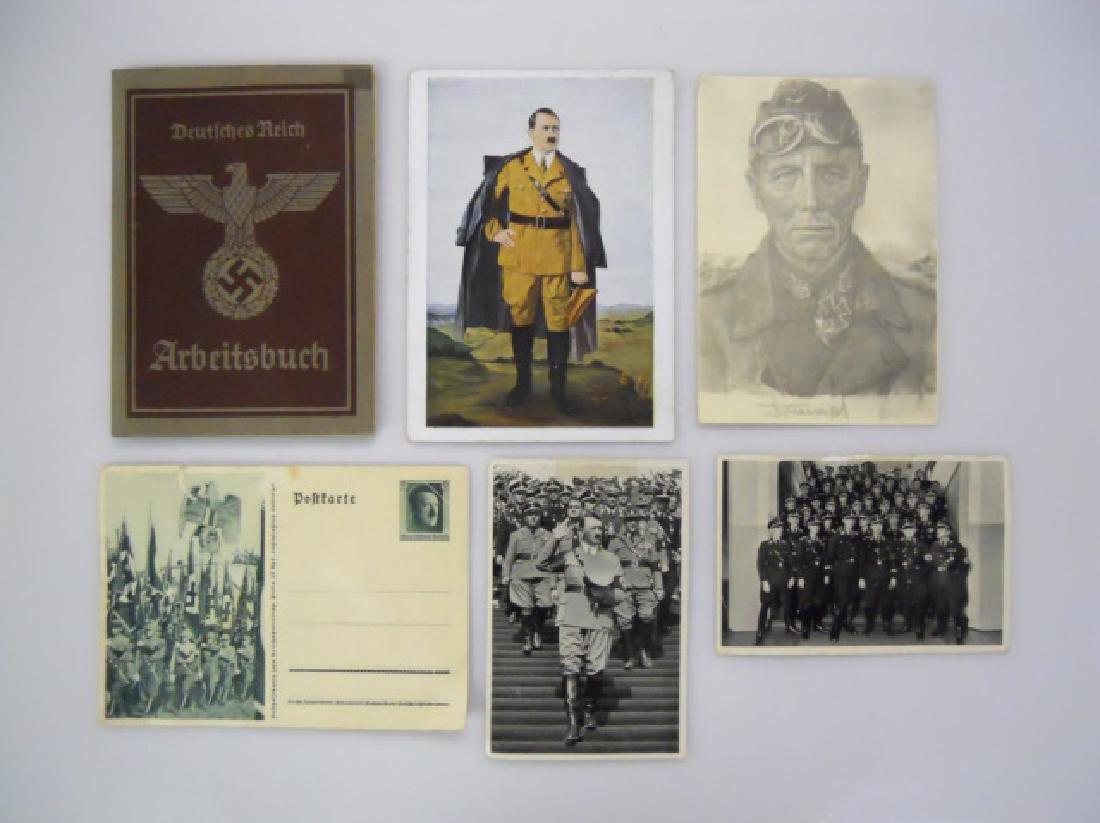 Collection of WW2 German Ephemera, (7pc): WW2 Original German postcards, souvnier and documents. (1) German "Arbeitsbuch" with official stamps and information written in ink. (2) Black and white photographs of Adolf Hitler and Himmler with un
