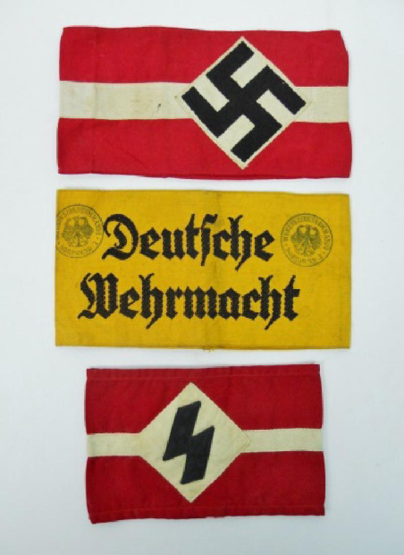 Collection of WW2 German Armbands, HJ, DJ, Heer: WW2 Original German Armbands: (1) Deutsches Jungvolk armband, four piece cotton construction with applique stripe, diamond and sig rune. (1) Deutsches Jugend armband, three-piece cotton construction w