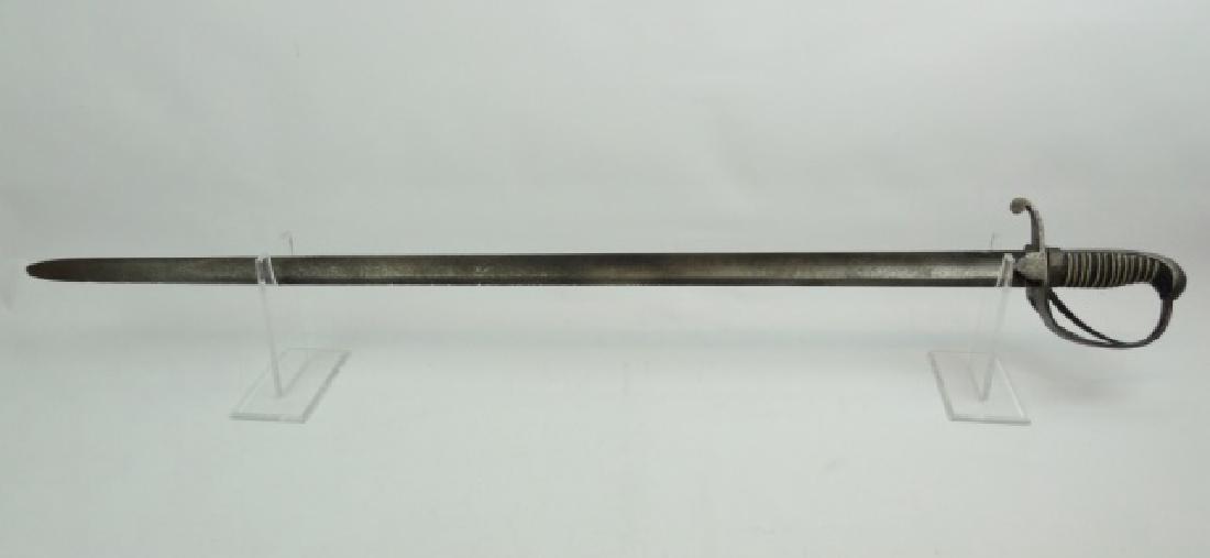 19th C. Continental Cavalry Sword: Early sword with wide fullered straight steel blade, steel three branch guard with langets. Wire wrapped leather grip. Overall oxidation with blade dents. Blade measures 32."