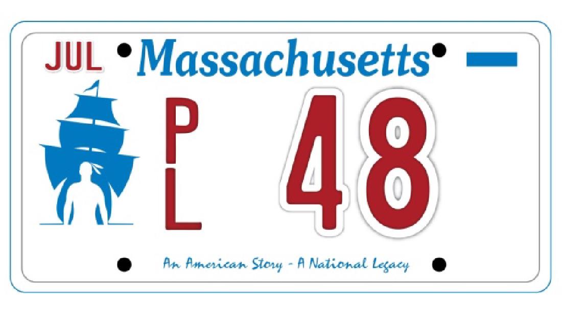 PL48 - Massachusetts License Plate: Mercy Bradford, daughter of William and Alice Bradford, married Benjamin Vermayes on December 21, 1648 in Plymouth Colony.