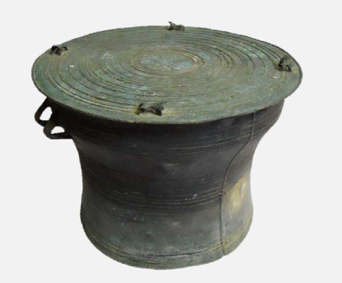 Antique Bronze Thai Rain Drum, Small Size: Herger type II bronze rain drum with four double frog figures, central twelve-point star decoration, and profuse floral and geometric stamped designs at top and sides. Deep verdigris patina. Measures 
