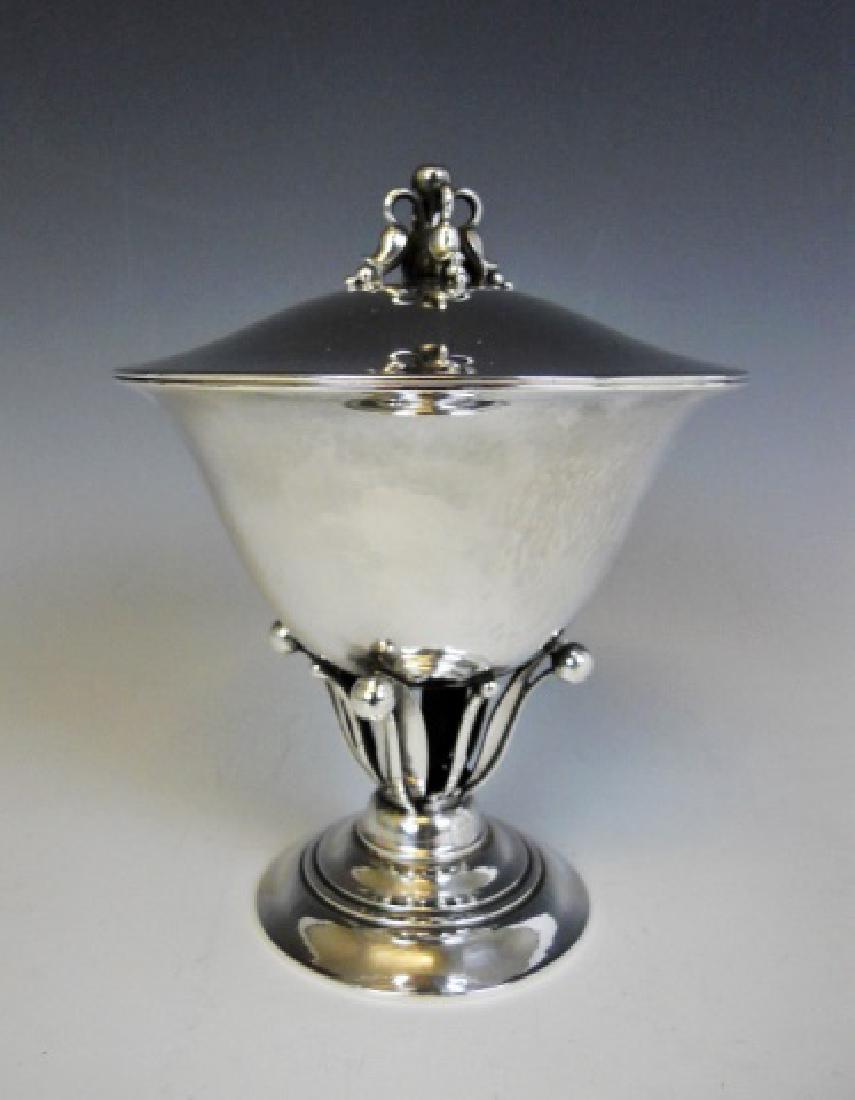 Sterling Silver Lidded Compote, Georg Jensen: Danish Art Nouveau sterling silver lidded compote #17C, Georg Jensen, designed by Johan Rohde 1912. Base signed "GEORG JENSEN", hallmarks and "DENMARK STERLING 17C". Exceptional condition, clean with