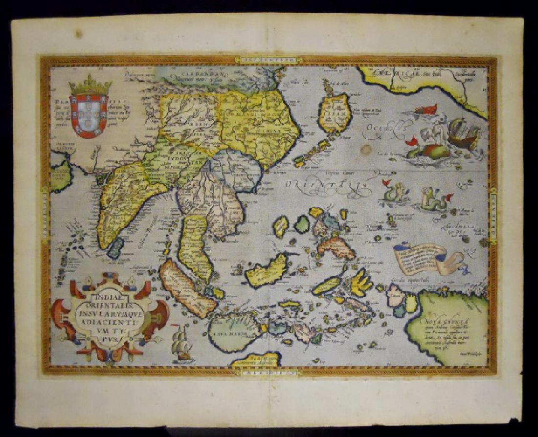 17th C. Map, INDIAE ORIENTALIS, Abraham Ortelius: Original double folio hand colored map titled, "INDIAE ORIENTALIS INSULARUMQVE ADIACIENTI UM TYPUS" in stylized cartouche. Map printed circa 1587, Amsterdam, from atlas, "Theatrum Orbis Terrarum", the