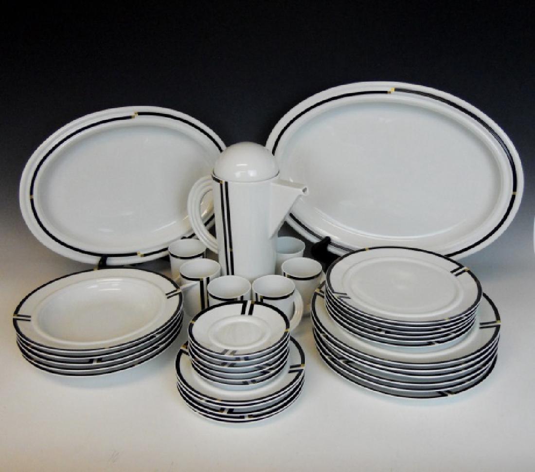 Rosenthal Cupola Nero Pattern China Set, (37pc): Art Deco style Rosenthal China dinnerware set consisting of thirty-seven pieces, in "Cupola Nero" pattern designed by Mario Bellini, circa 1980's. Set consists of (6) 10" Dinner Plates, (5) 9" Bowls,