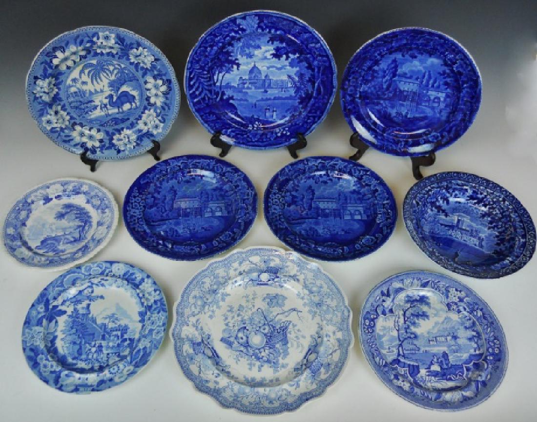 19th C. Blue and White Transfer Ware (10pc): Ten pieces of 19th century blue and white transfer ware to include: (3) Enoch Wood "French Series" plates, c.1820-1830, (1) Wood & Son Italian Scenery plate, (1) James & Ralph Clews dish, c.1818-1834,