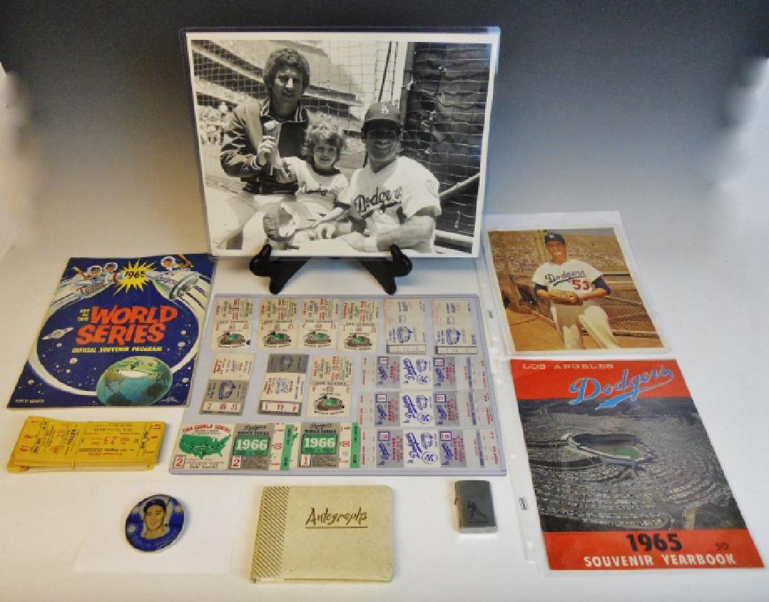 LA Dodgers Autographs, Memorabilia ca. 1960's-70's: Collection of vintage Los Angeles Dodgers memorabilia to include: (2) 1966 World Series ticket stubs (games 1 and 2, Aisle 9, Box DD, Seat 1), An autograph book dated 1965, containing signatures of Ba