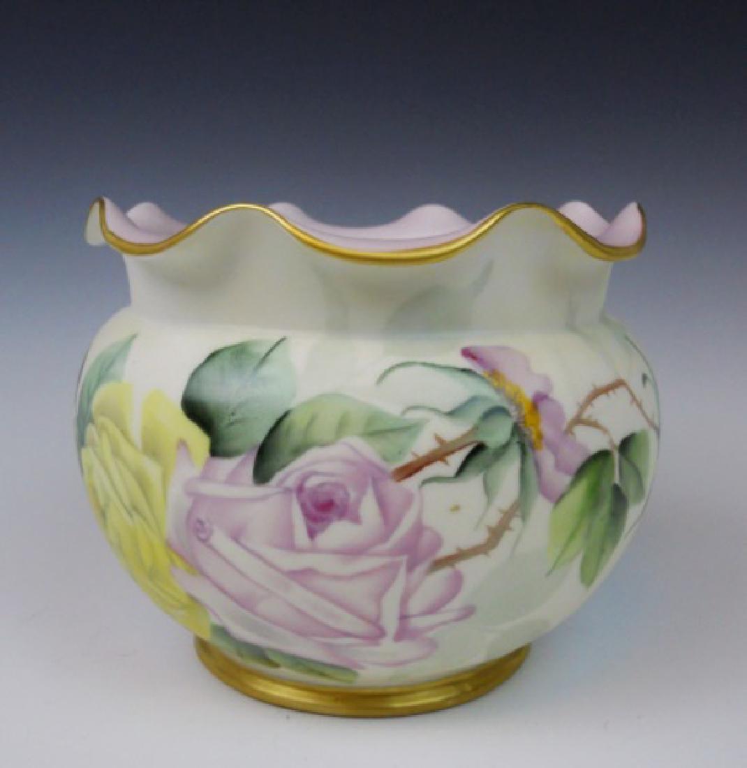 Antique Fluted Vase, A. Klingenberg, Limoges: Hand painted porcelain vase with fluted rim, in floral decoration. Gilt accents at rim and foot. Underside is signed "AK France" in green under glaze, with red decorator mark, "MM." Additionally signe
