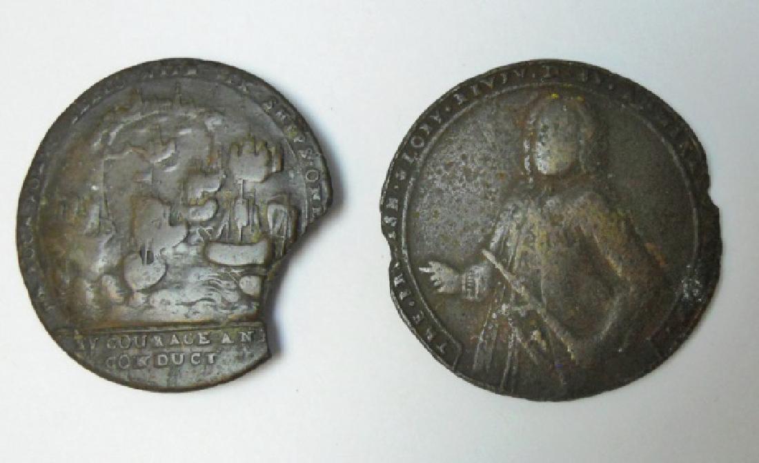 Admiral Vernon, Portobello Medals, 1739 (2pc): Two 1739 medals commemorating the capture of Panama by the British. Obverse with image of Vernon with baton, pointing left. Reverse carries images of ships in harbor. Losses to edges of both medals.