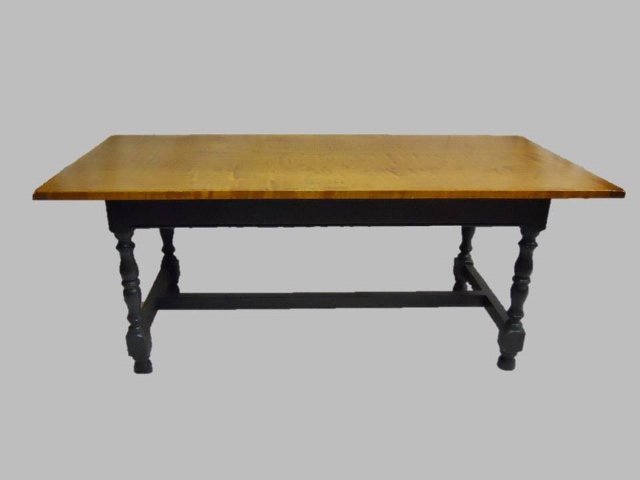 Tiger Maple Low Table, Eldred Wheeler: Tiger maple top with breadboard ends. Base with William & Mary style turned legs and stretcher, in blue-grey paint. Underside with maker brand, "ELDRED WHEELER". Table measures 19"H x 48" W x 23.25" D