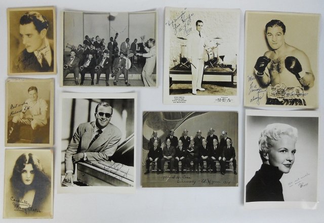 Autographs - Early Stage and Screen Artists (9pc): Nine black and white, sepia toned photographs of early stage and screen artists, eight are autographed. Items include: American silent film actor, John Gilbert (1899-1936) 7" x 5" , American actress, 