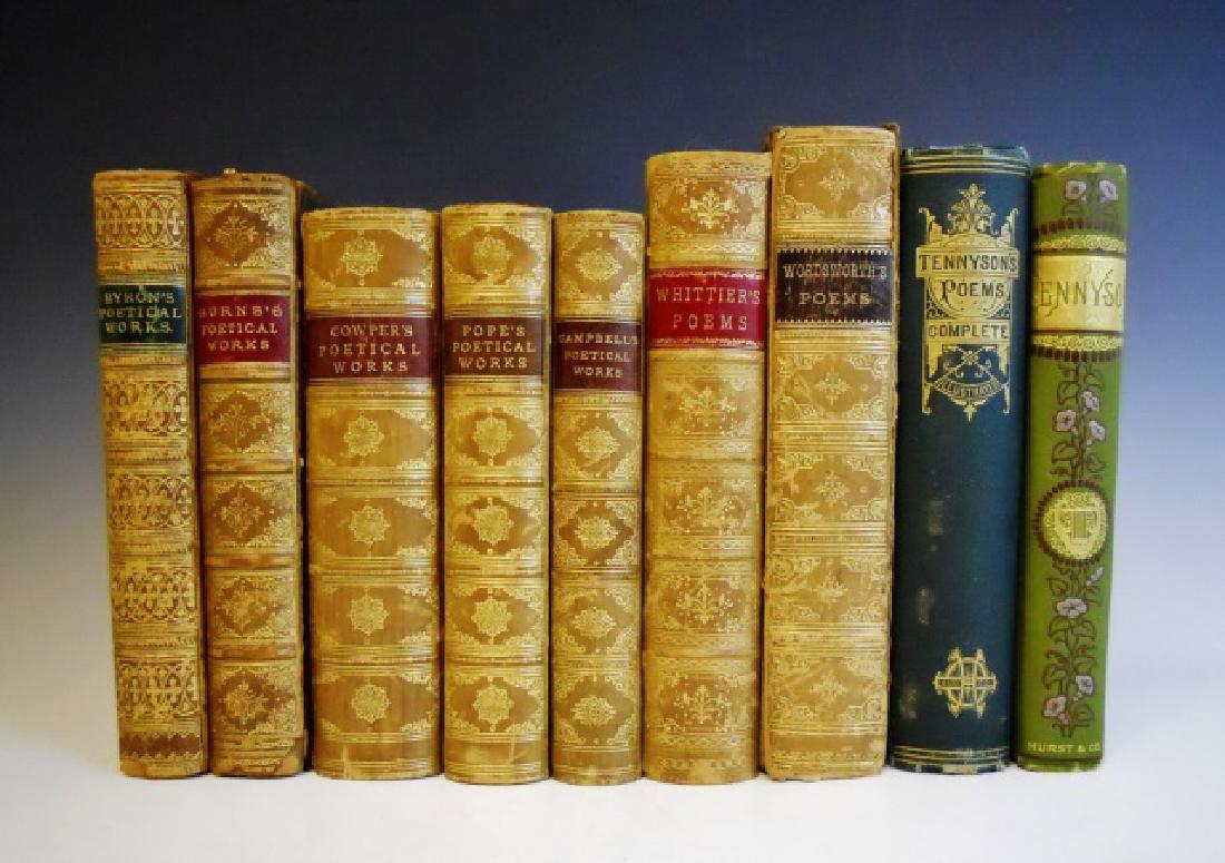 Collection of 19th C Books of Poetry (9pc): Collection of nine leather bound books: (1) "Poetical Works of Thomas Campbell", undated pub. James Miller with marbled paper and half calf leather boards, (1) "The Poetical Works of Wordsworth, undat