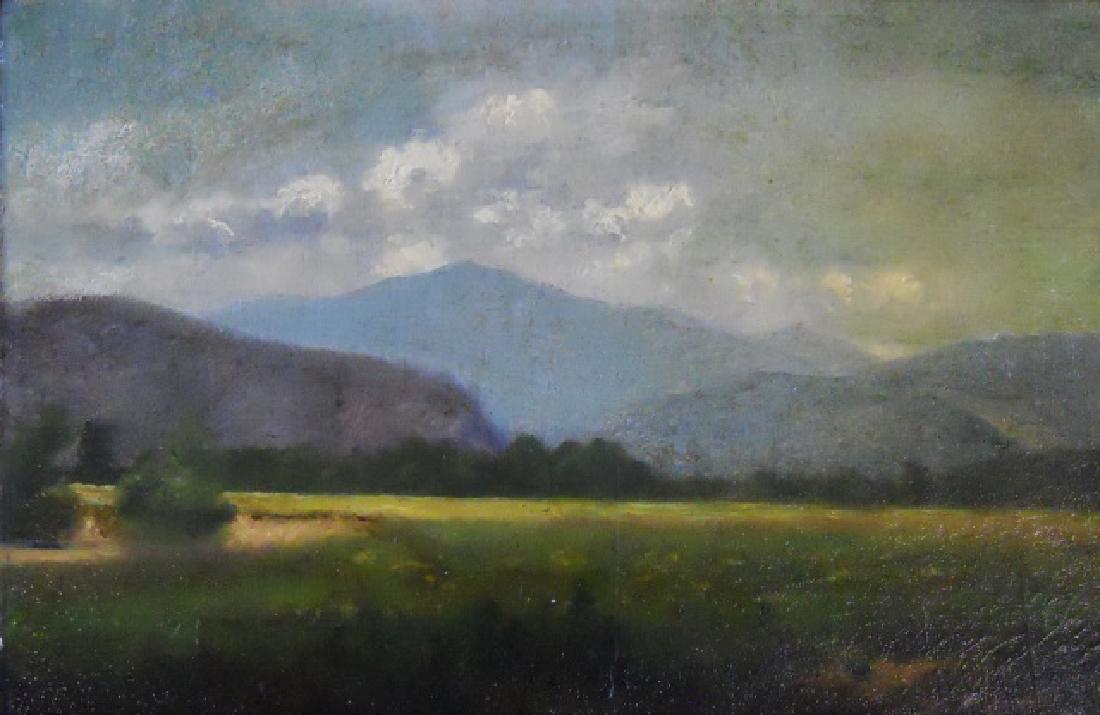 19th C. O/C, Mt. Washington, White Mountain School: 19th C. oil on canvas painting of Mt. Washington, viewed from North Conway N.H. Painting in period gilt gesso frame, measures: 11" H x 16" W, framed 18.5" H x 24" W