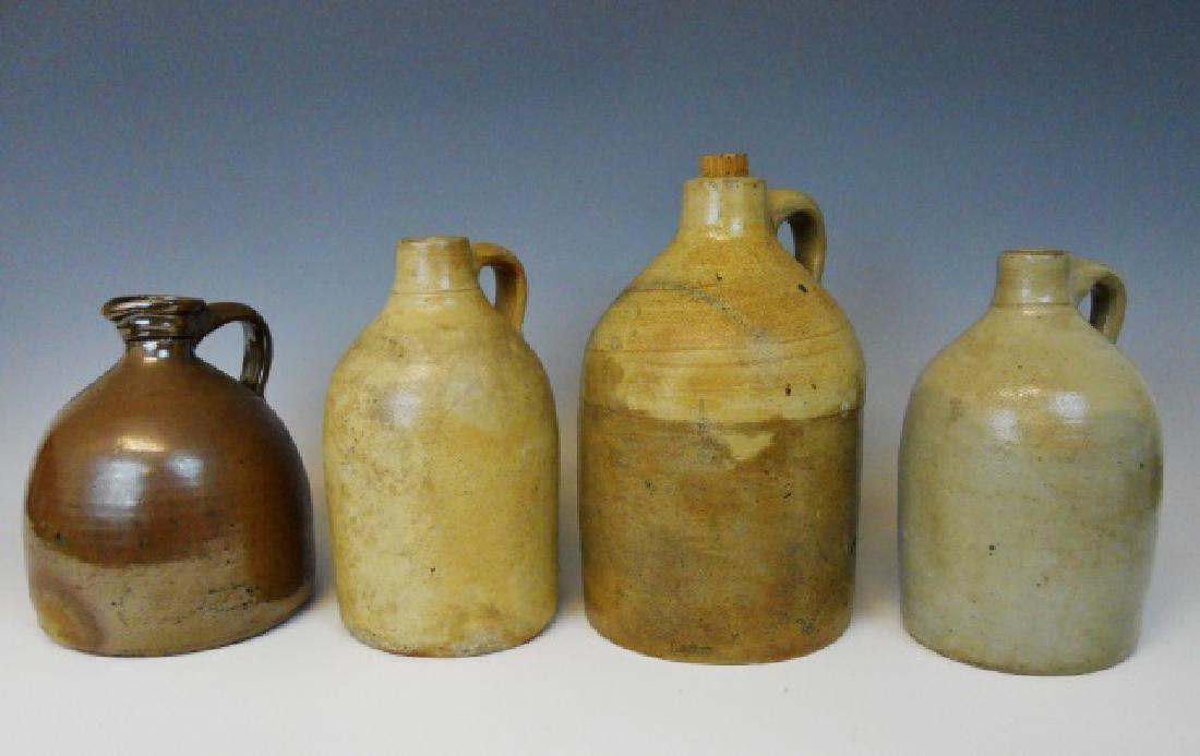 Collection of 19th C. Ceramic Jugs (4pc): Three 19th C. stoneware and ceramic jugs: (1) Stoneware jug signed with incuse cobalt glazed mark, " BURKE BROS 15 EDDY ST PROVIDENCE" with cork in place, (1) Stoneware jug incuse marked, "REGISTERED"