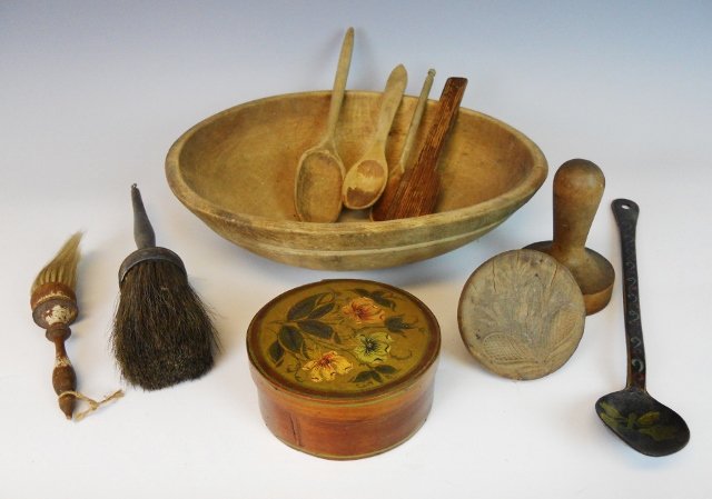 19th C. Kitchen Primitives (11pc): Collection consists of: (1) Small decorated pantry box, (1) 14" wooden treenware bowl, (3) Wooden spoons, wooden spatula, (2) brushes with early paint and hair bristle,(1) Carved butter press, (1) bla