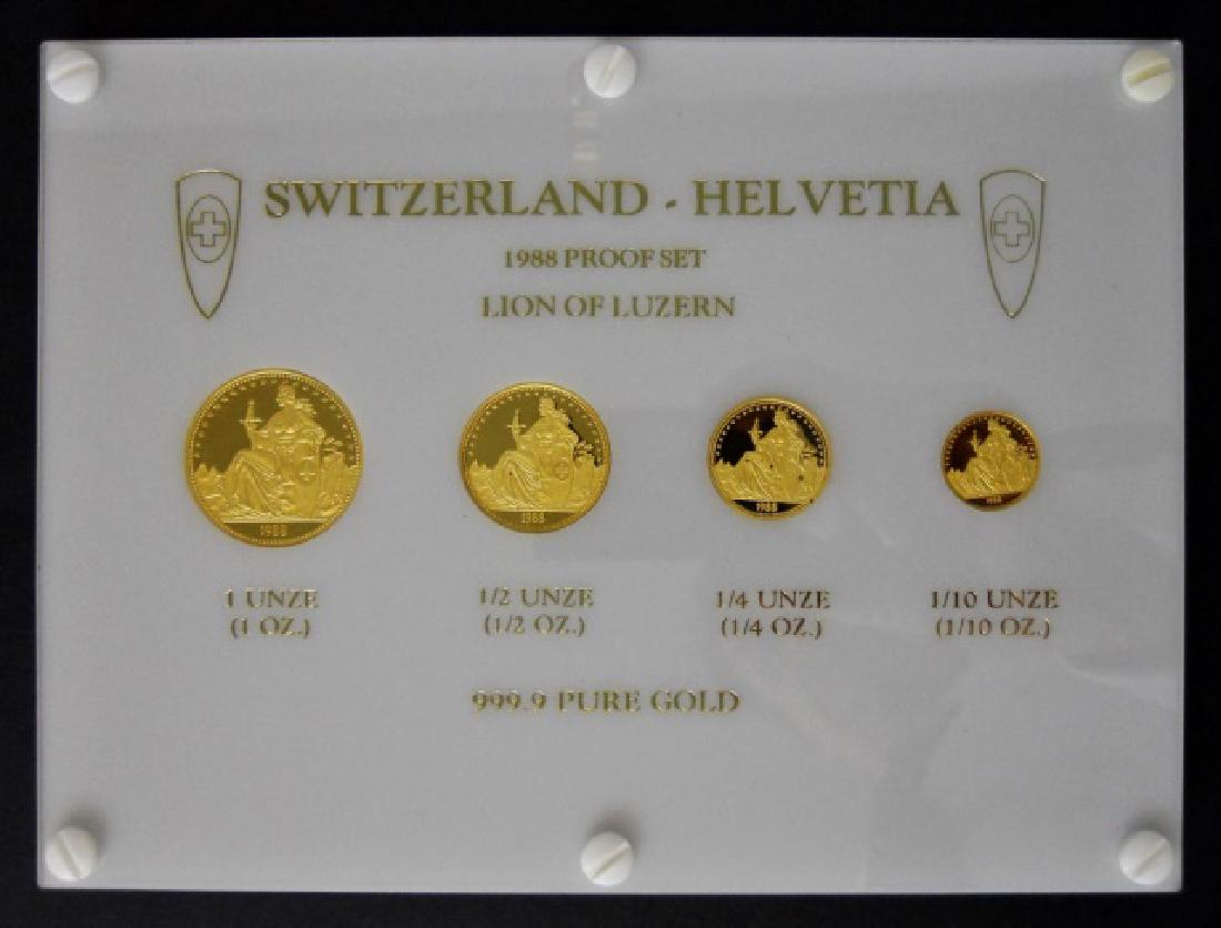 Swiss 1988 Lion of Luzanne Gold Proof Set (4pc): Switzerland 1988 Lion of Luzanne, four coin gold proof set in original packaging with a mintage of 2500. Set consists of: 1 Oz, .5 Oz, .25 Oz, .1 Oz. Coins are in cameo proof. Total gold weight, 1.85