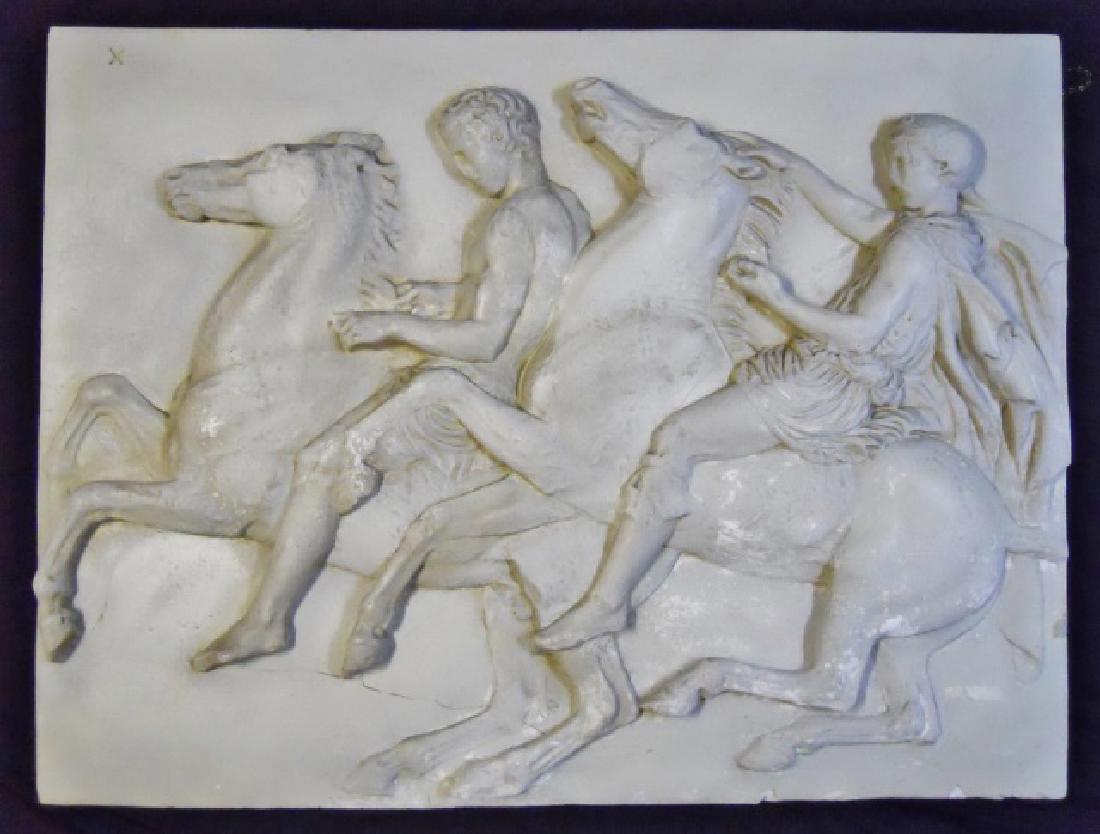 19th C. Plaster Neoclassical Wall Plaque: Late 19th C. Neoclassical plaster wall plaque, depicting two figures on horseback. Surfaces with age patina, hairline cracks and roughage, lower right. Measures: 42" H x 55" W.