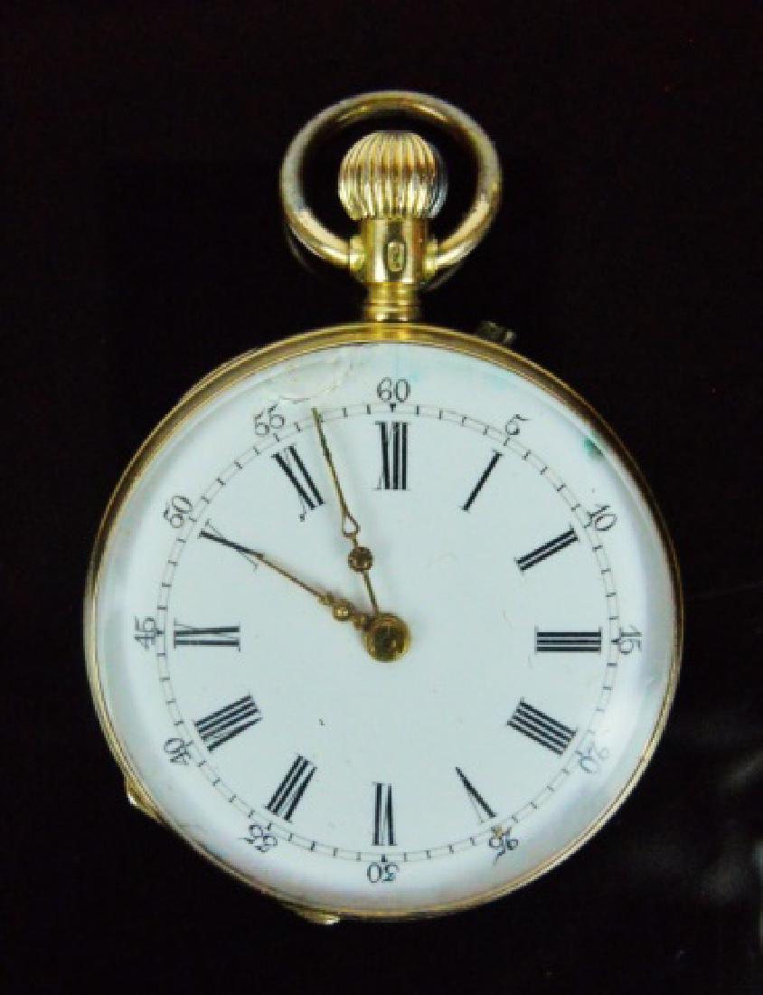14K Gold Pocket Watch, Remontoir, Geneve: Open face pendant wind and set pocket watch with solid 14K yellow gold 16s case. Face with Roman numeral radial dial. Dust cover signed, REMONTOIR GENEVE Cylindre 8 Rubis" Nickel 8j movement, Reverse 