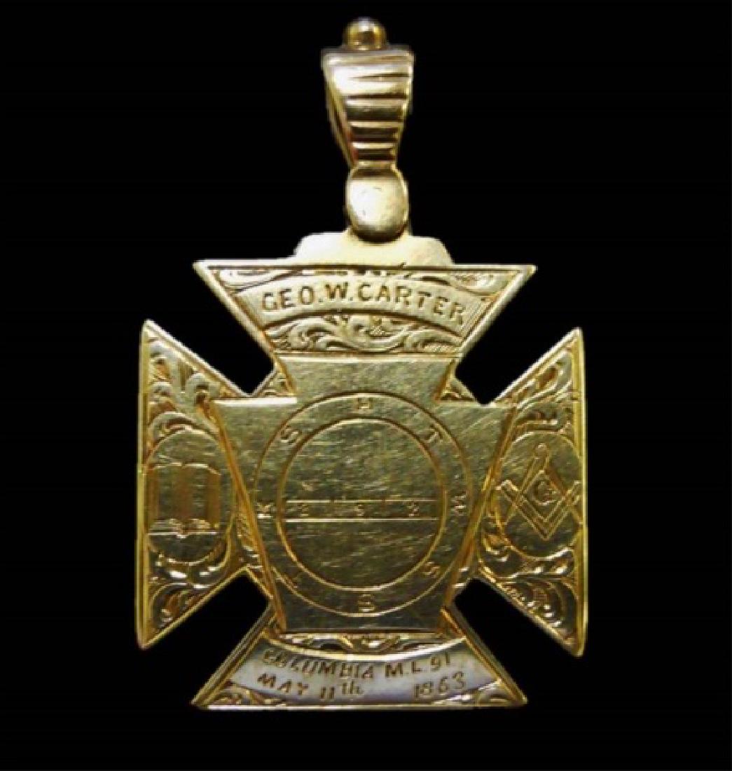 14K Gold Masonic Watch Fob, May 11th, 1863: 14K yellow gold watch fob. Baltic cross form, obverse engraved with Masonic iconography and "GEO. W. CARTER" and "COLUMBIA M.L. 91 MAY 11th 1863". Reverse with additional Masonic iconography. Fob meas