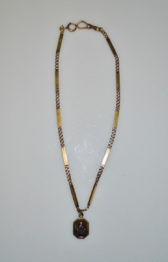 Antique 14K Gold Watch Chain with Masonic Fob: 19th C. 14K yellow gold watch chain with Masonic fob. Link and bar chain with loop clasp, attached octagonal fob with inset silver panel depicting Masonic square compass and "G". Watch chain measures: