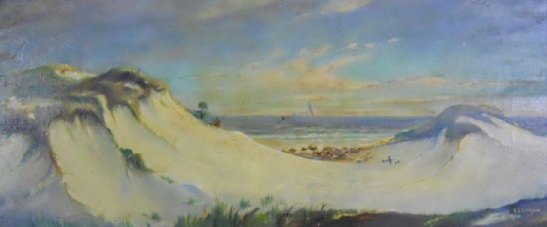 Painting O/C Ephraim Frank Lincoln: Circa 1930 oil on canvas painting of a Cape Cod dune scene, signed lower right "E. F. Lincoln". Painting set in gilt wood frame, measures: image15.25" H x 36" L, framed: 19" H x 39.5" W