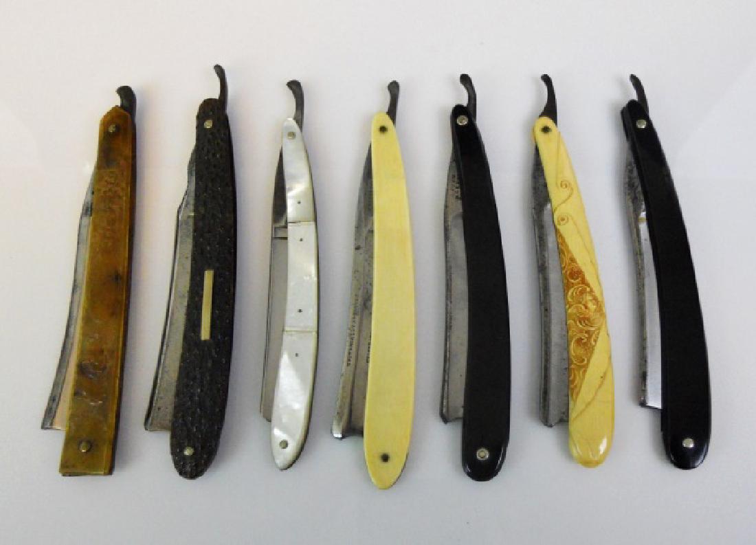 19th C. Seven Day Straight Razor Set, (7pc): Seven 19th C. Straight razors in buckskin case: (1) Circa 1820 razor with pressed horn handle decorated with Washington, Liberty and patriotic design motif, blade signed, "SUPERIOR TEMPER", (1) Razor 