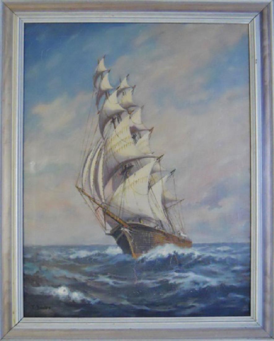 Painting Oil on Canvas, T. Bailey: Early 20th C. painting, oil on canvas of a three-masted ship at sea, signed lower left corner "T. Bailey", (pseudonym for several artists from Cape Anne Massachusetts). Painting set in wood frame, sur