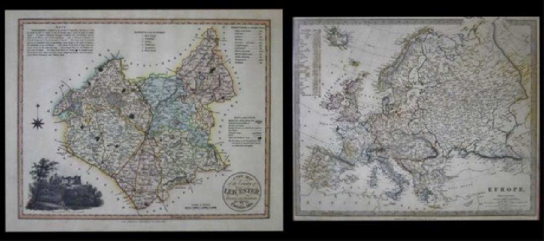 19th C. European Maps, Thomas Dix, Walker, (2pc): Two 19th C. European maps: (1) Map titled "A NEW MAP OF THE COUNTY OF LEICESTER Divided into Hundreds, by THOMAS DIX" published 1819, hand colored, wood framed under glass, measures: 18.25" H x 23.75"