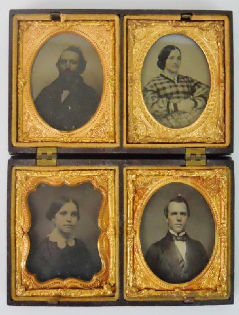 19thC. Gutta Percha Case, Double 1/9 Daguerreotype: Double 1/9 plate daguerreotypes (2" x 2.5"ea) depict two gentlemen and two young women from the pre-Civil war period. The cover of the black 4.75" x 3" Gutta Percha or Union Case is decorated with an 
