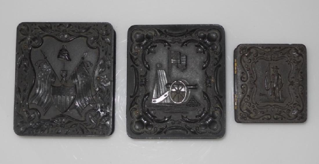 19thC. Gutta Percha Cases, Ambrotype,Tintype (3pc): (1) 1/9 plate Daguerreotype (2"x 2.5") of a dapper young gentleman in a black Gutta Percha or Union Case (3" x 2.75")made by the Scovill Manufacturing Company in a popular design called "The Liberty C