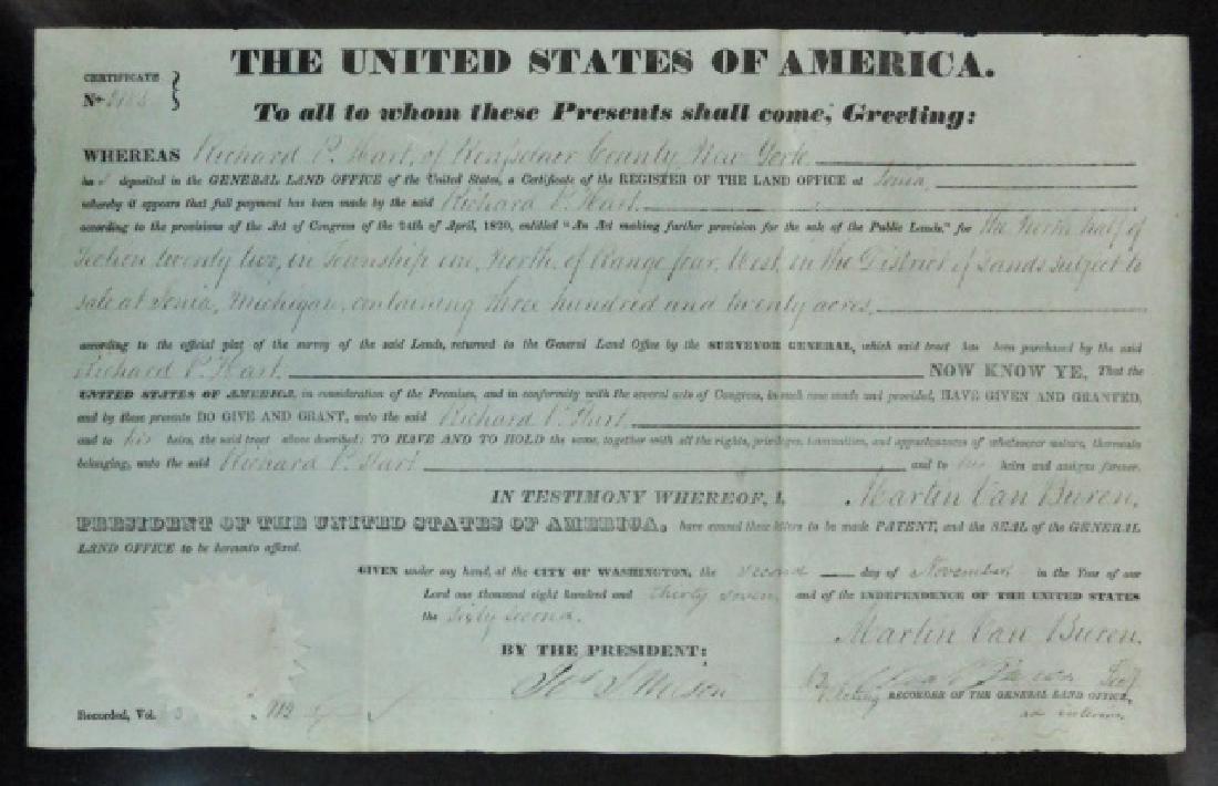 U.S. Land Grant, Michigan, Martin Van Buren 1837: Land grant on parchment paper with seal granting "The North half section twenty two in Township one, North of range four West in the district and lands subject to sale at Ionia Michigan containing thr