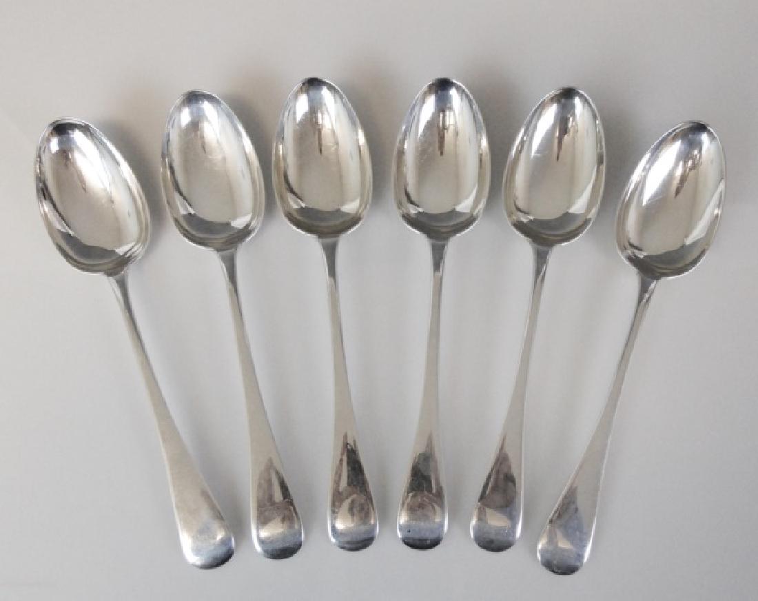 English Military Sterling Silver Spoons,1877 (6pc): Six heavy gauge sterling silver serving spoons, with touchmarks for London, "W & H" (Walker & Hall), with 1877 date letter and British military broad arrow mark. Measures: 8.75", Weight: 16.3 Ozt