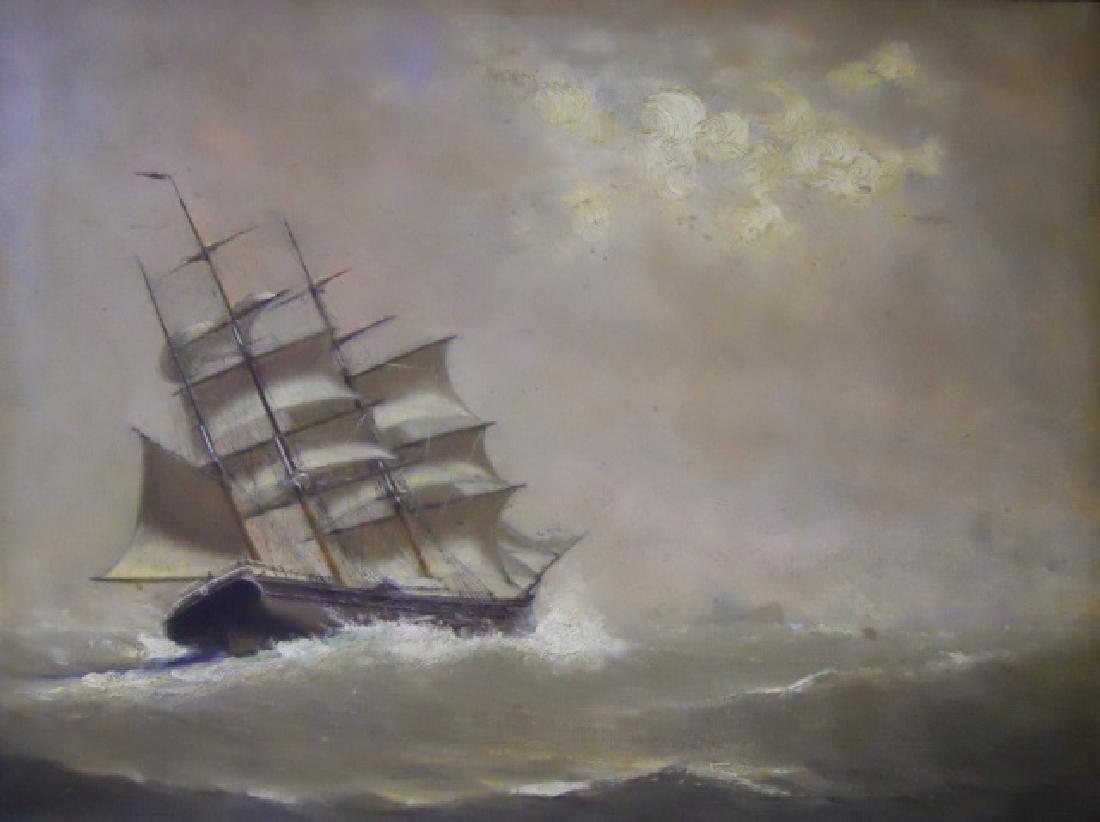 Painting O/C Marshall Johnson (American 1850-1921): Oil on canvas painting of a three-masted sailing ship, signed lower left corner, "Marshall Johnson", (Marshall Johnson Jr., American 1850-1921). Reverse with brass plate affixed to frame reads, "Marsh