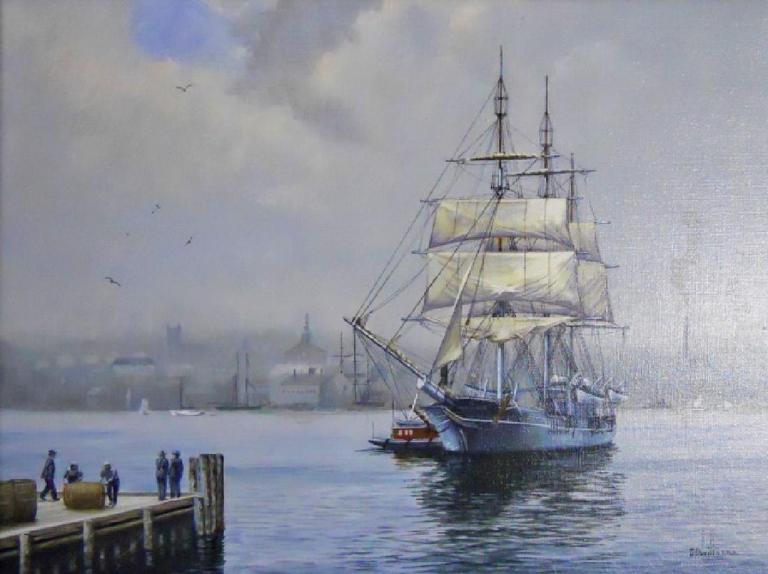 Painting O/C Whale Ship, B. E. Neill, (1914-2001): Painting Oil on canvas of whale ship in Nantucket Harbor. Signed lower right hand corner "B E Neill A.S.M.A." set in wood frame Painting measures: 24" H x 30" W, image 17.5" H x 23.75" W