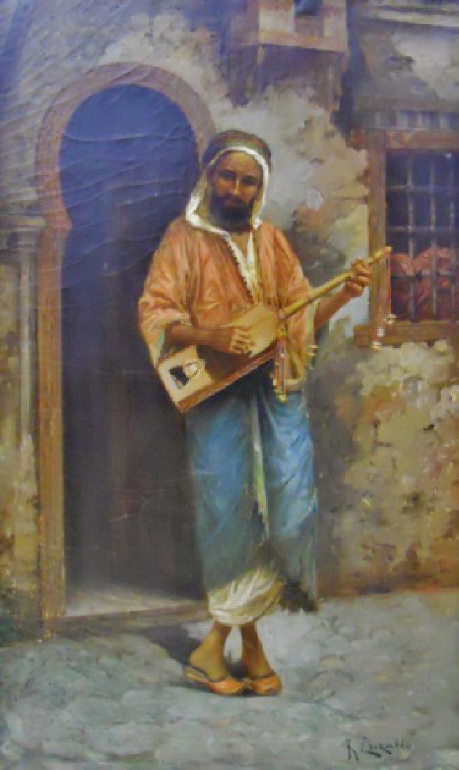 Painting, O/C Portrait of Musician, R. Luzatto: Early 20th C. oil on canvas painting, portrait of a Middle Eastern musician, signed lower right corner, "R. Luzatto". Painting is re-lined, set in painted wood frame, measures: image 35" H x 21.5" W, 