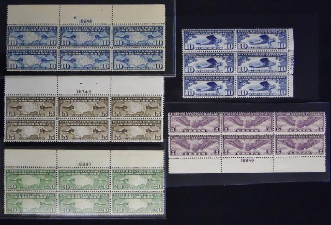 Collection US Airmail Plate Blocks, (5pc): Collection of five U.S. Airmail plate blocks of six stamps: (1) 1927 10 Cent, "Lindbergh" C10, old gum, no hinge, (1) 1930 5 Cent, "Winged Globe" C16, bottom numbered, "19946", old gum, no hinge, (1) 