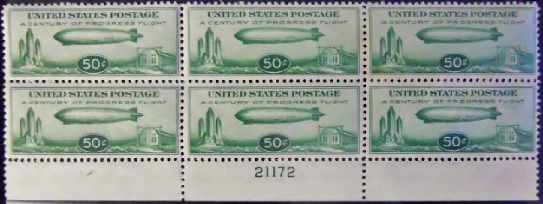 1933 US 50 Cent Airmail Plate Block, C18 Mint: 1933 U.S. Airmail C18 "Baby Zeppelin" plate block of six stamps. Bottom of block with numbered selvage "21172". Old gum, never hinged.