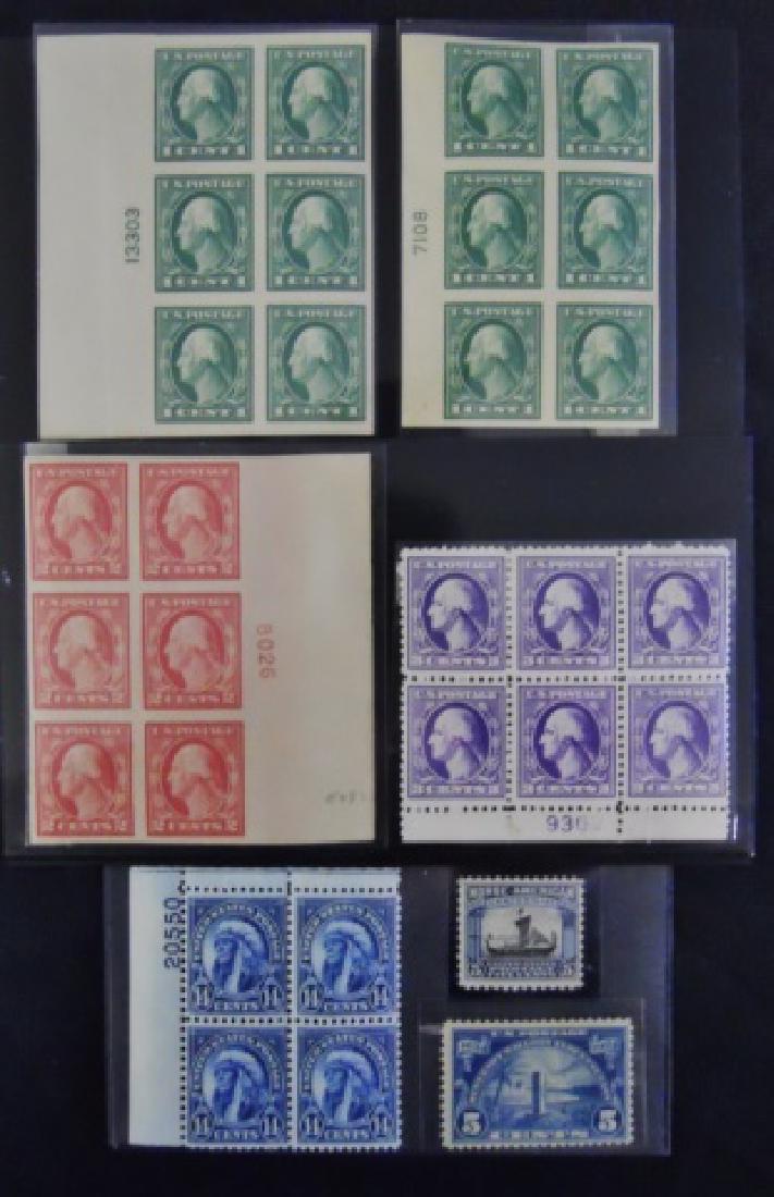 Collection US Stamps Plate Blocks, (7pc): Collection of five mint plate blocks and two loose stamps: (2) 1 Cent Washington SC481, left blocks of six, numbers "13303" and "7108", mint old gum, one hinge removed (1) 2 Cent Washington SC482, rig