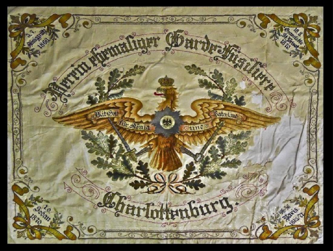 Imperial German Guards Flag, Accoutrements, (9pc): Nine-piece Imperial German "Charlottenburg Fusiliers" parade flag with staff and accoutrements including: (1) GORGET: of brass construction, with chain, depicting four flags encircling an oval emblem